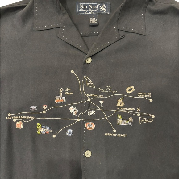 Nat Nast 100% Silk Las Vegas Map Embroidered Shirt Black Size L - Picture 2 of 6